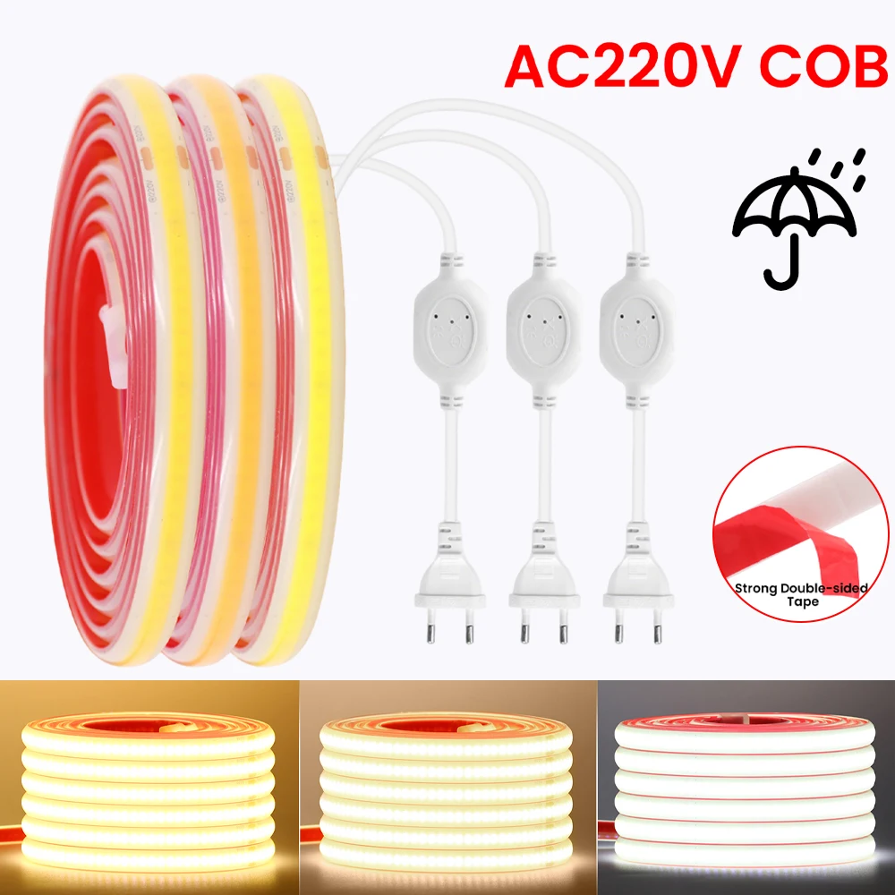 

220V COB LED Strip Light IP67 Waterproof Hight Bright Flexible Tape 288LEDs/M 3000K 4000K 6000K EU Power Plug Garden Home Decor