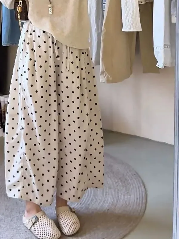 Summer New Polka Dot Wide Leg Pants Women Casual High Waist Slimming Nine Point Straight Cut Trousers Stylish Versatile Loose...