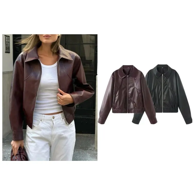 

Women Leather Jacket with Zipper Fashion Autumn European style Long Sleeve Lapel Collar Pocket Women's Jacket Chic Female Coats