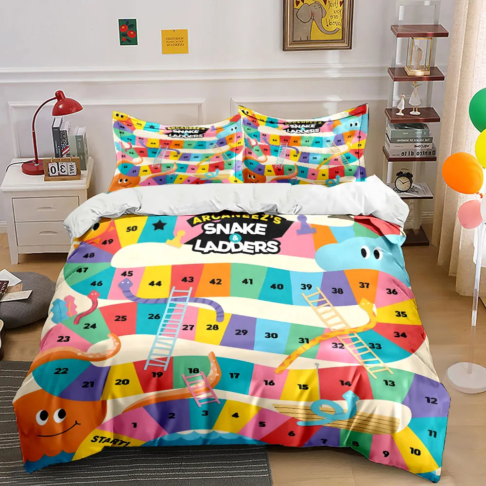 Colorful Snakes and Ladders Board Bedding Set for Kids Luxury Gift 3pcs Digital Print Comforter Set Soft Comfortable Breathable
