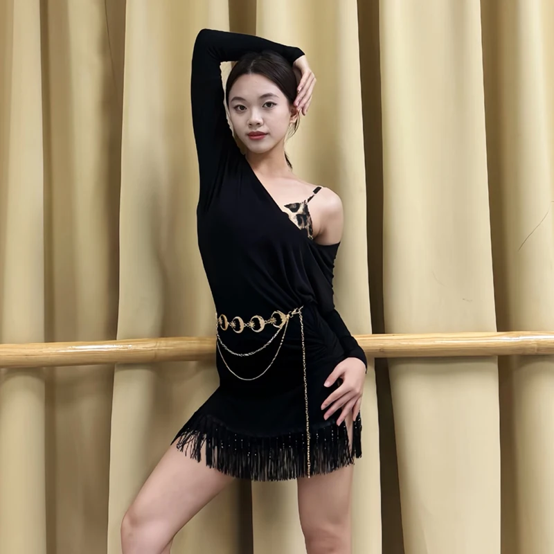 여성용 경사진 어깨 라인 볼룸 댄스 대회 드레스 성인용 긴 소매 라틴 댄스 프린지 드레스 연습복 SL14455