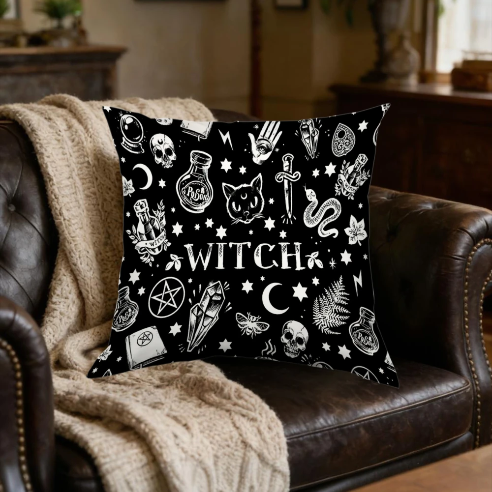 1Pc Witch Theme Cushion Cover Black Magic Symbols And Text Pillowcase For Sofa Bedroom Decorative Throw Pillow Case Home Decorat