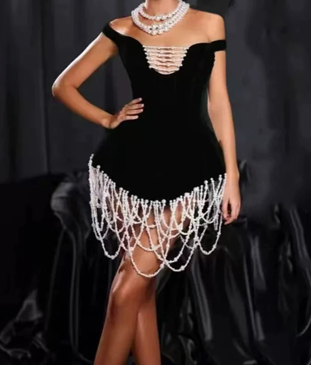 

New women's European and American pearl tube top one shoulder sexy hip dress bandage-GZXX1062