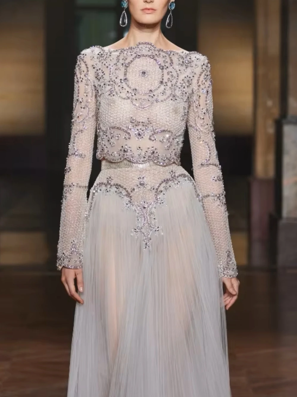 

Richly Hand Beaded Two Piece Sheer Tulle Evening Dress Long Sleeve Formal Shiny A Line Gown For Women Prom Red Carpet Party