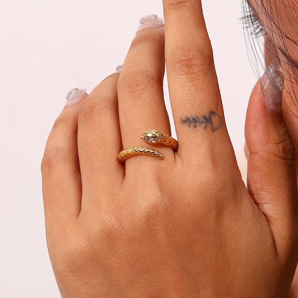 E.B.belle Waterproof Hypoallergenic Opening Crystal Eye Gold Plated Stainless Steel Snake Rings Vintage Accessories For Women