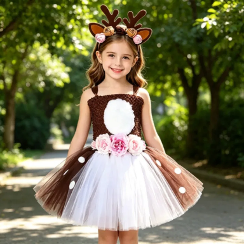 

Cute Girls 2Pcs Outfit, Flower & Reindeer Printed Fluffy Dress with Brown & White Spots,Matching Headband, Christmas Fancy Dress