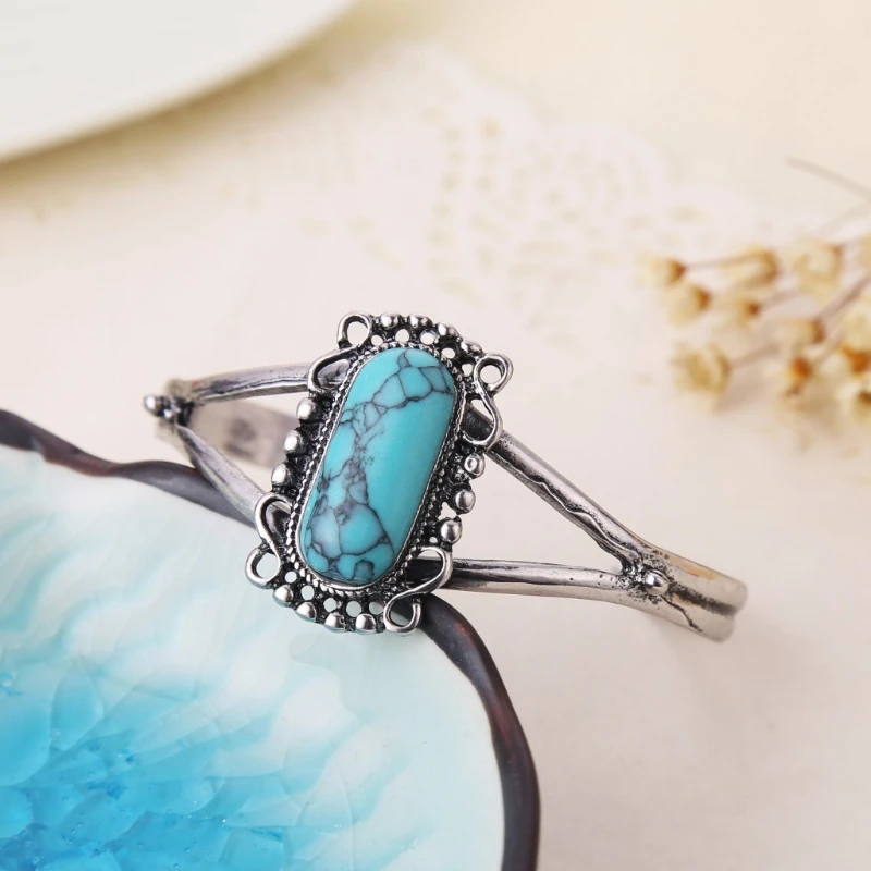 Bohemian Ethnic Style Floral Green Color Stone Opening Adjustable Bracelet Women's Retro Trend Holiday Jewelry Accessories