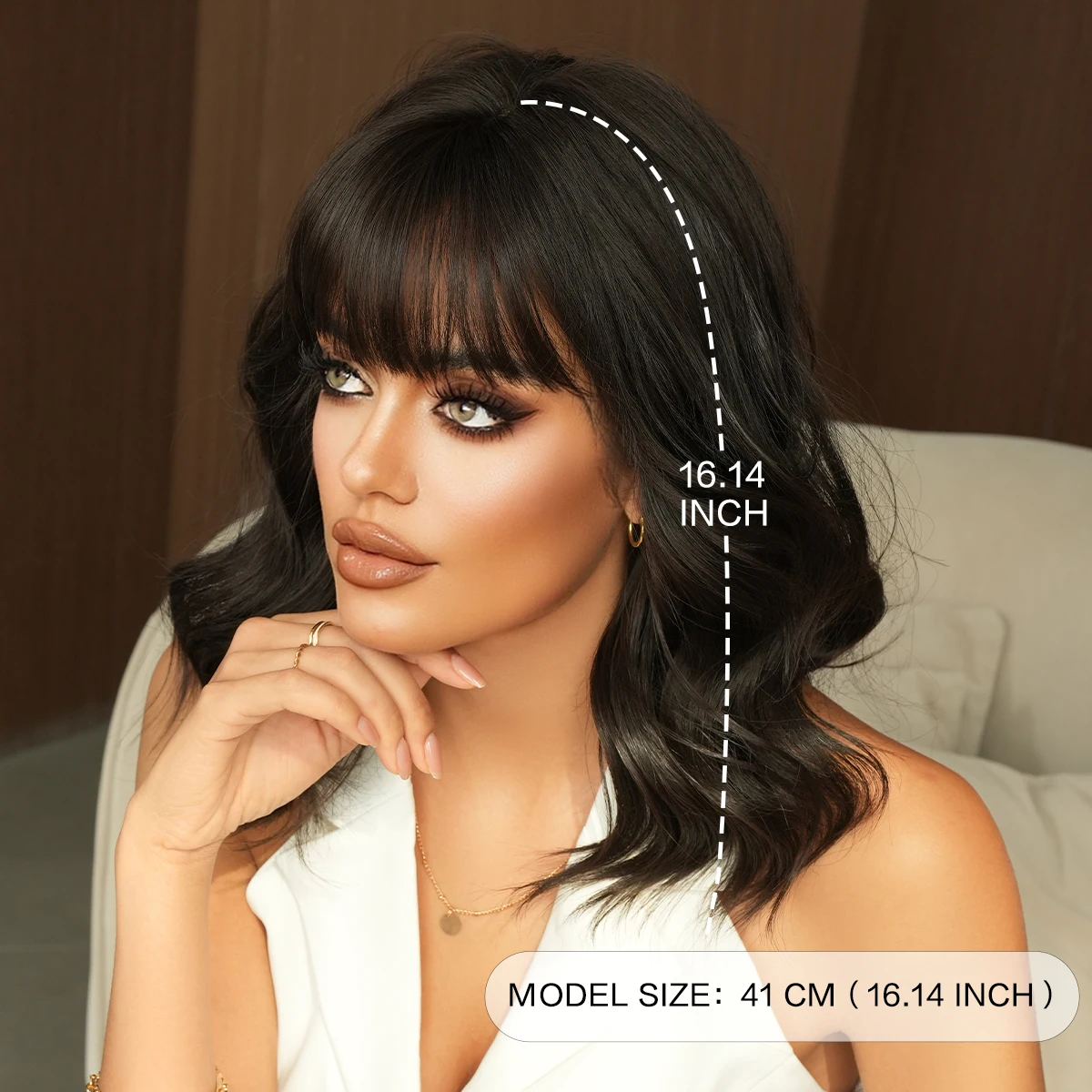 NAMM Synthetic Highlight Black Medium Length Wigs for Women Mixed Beige Curly Wave Wigs with Bangs Dark Roots Fluffy Natural Wig