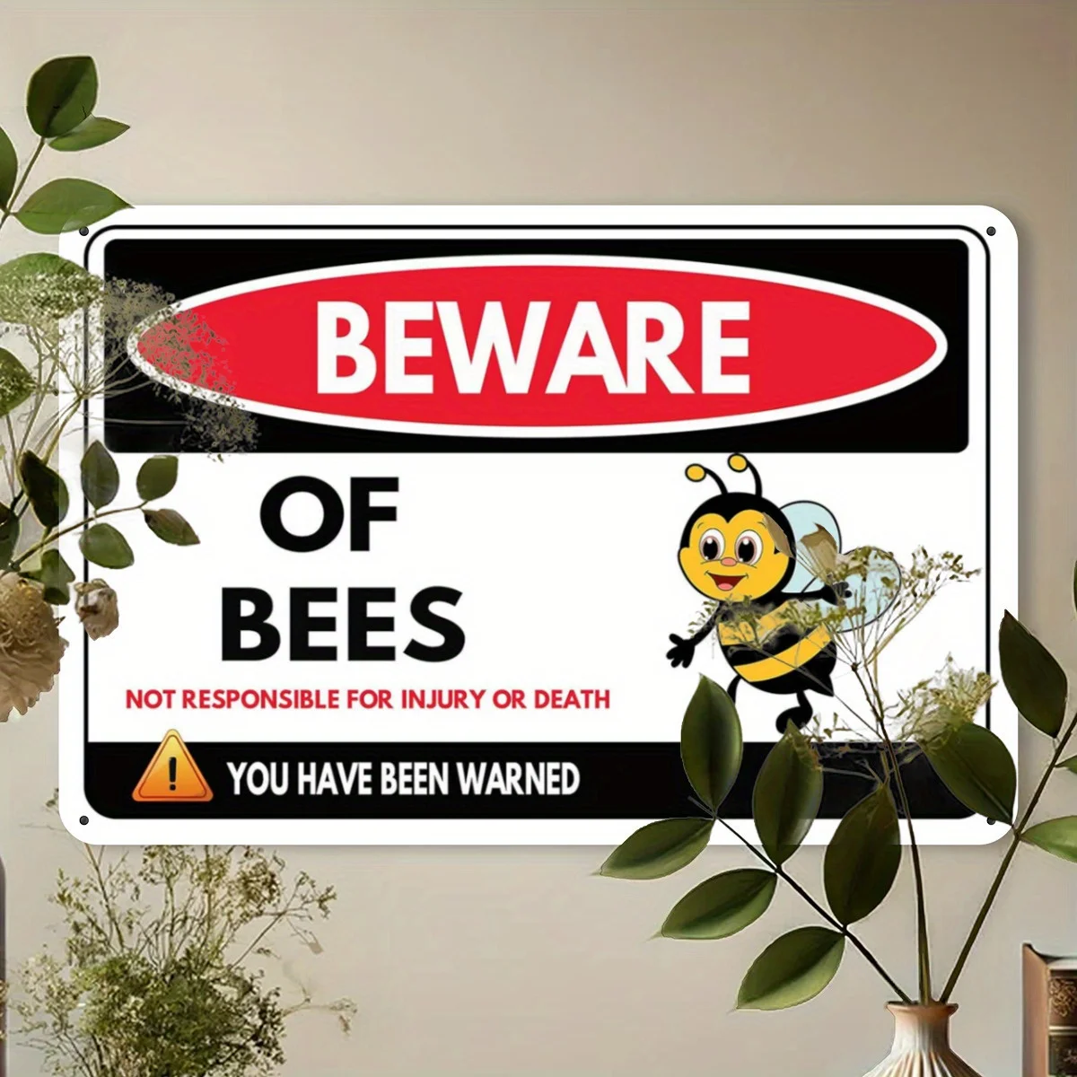 Bee Warning Sign Decor - Enthusiast Hobby Beehive Wall Art, Caution Honey Bees Metal Plaque, Fun Novelty Garden Warning Display
