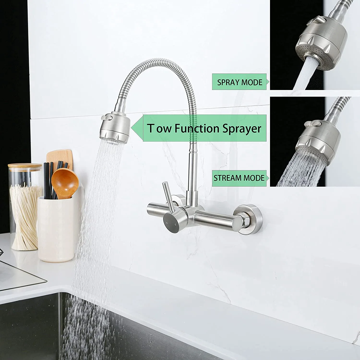 

Wall Mount Kitchen Faucet 8 Inch Center ,With Dual Function Flexible Sprayer,Mixer Stainless Steel Constructed Bar Tap-Tvdae
