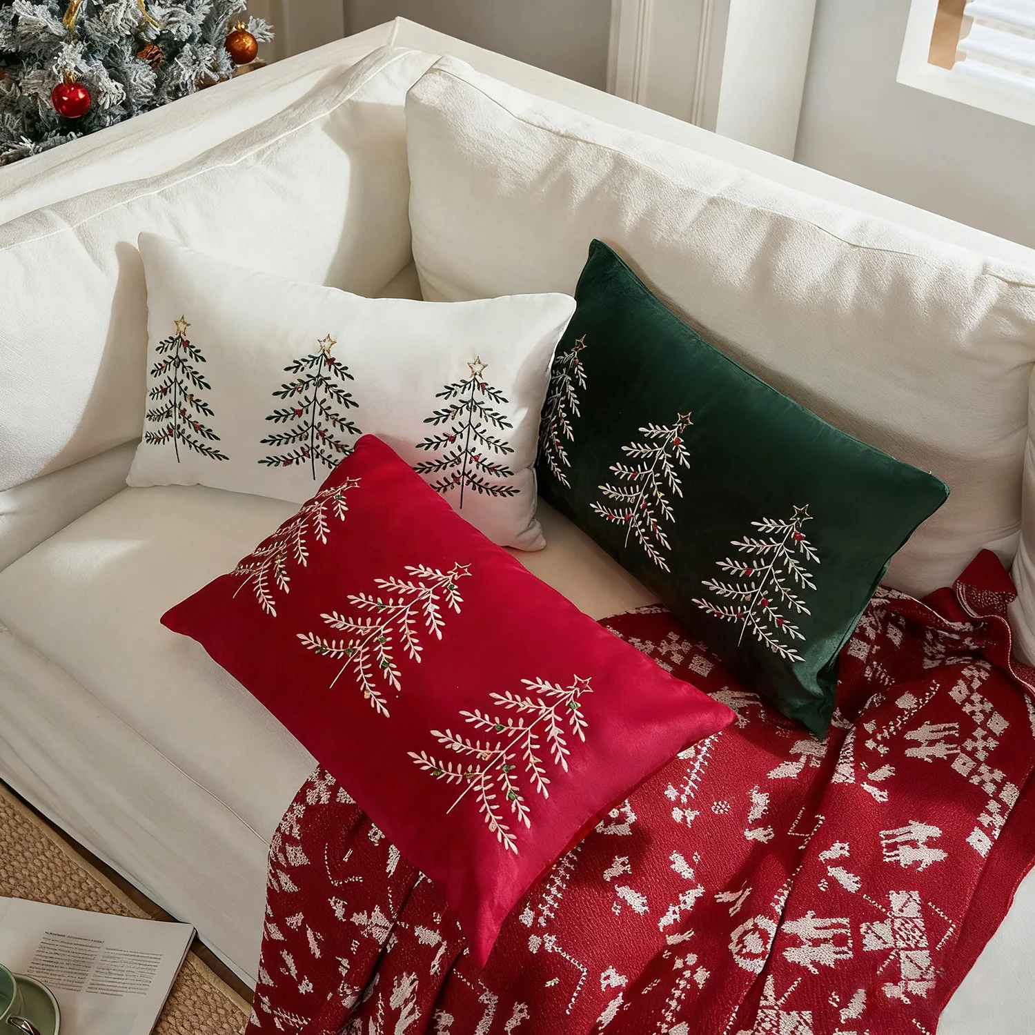 1/2pcs 30x50cm Christmas Tree Embroidered Cushion Cover Green White Sofa Rectangular Pillowcase Decorative Pillow Cover Gift