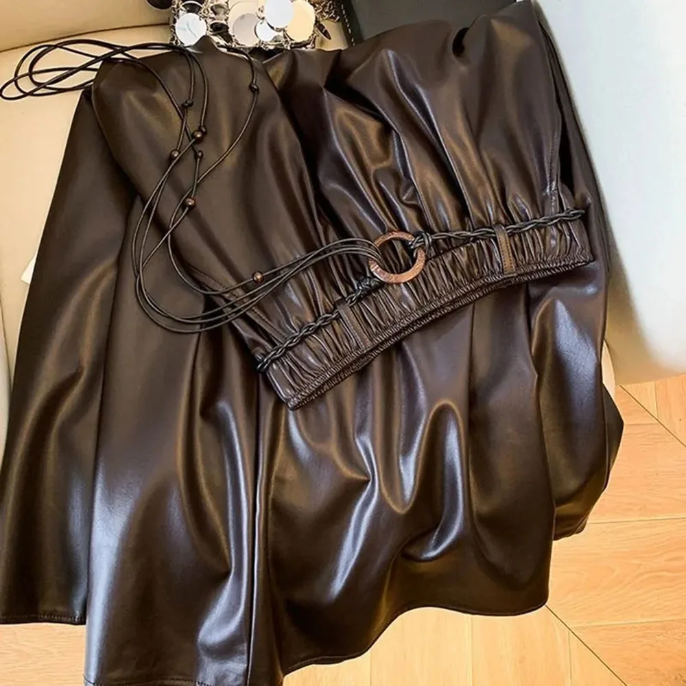 

2026 New Autumn Drape French Skirt Retro Commuter High Waist Hepburn Wind PU Leather Skirt Women's Long Slim A-line Skirt Ladies