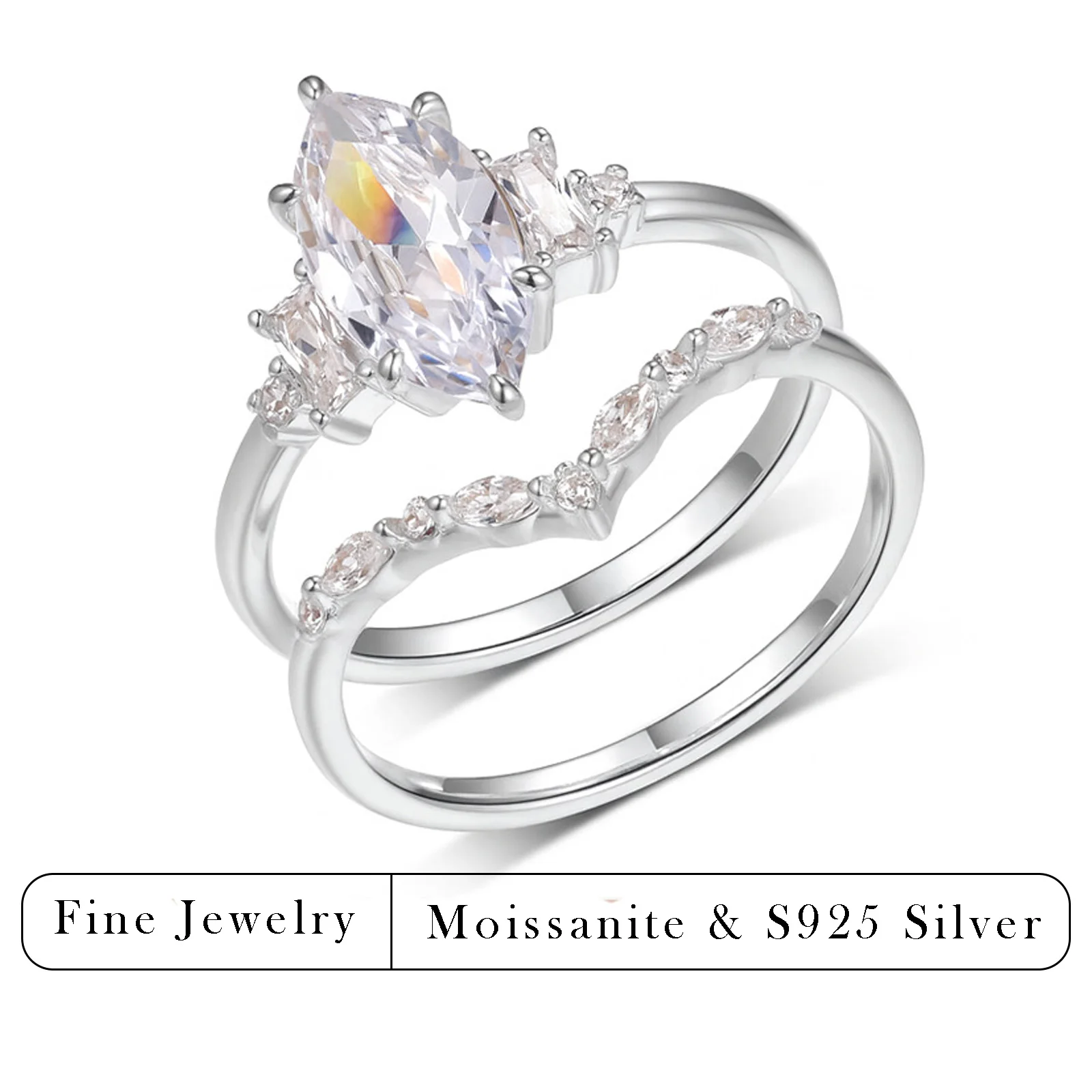 

2ct D Color Moissanite Bridal Set S925 Sterling Silver Marquise Solitaire Wedding Band Jewelry