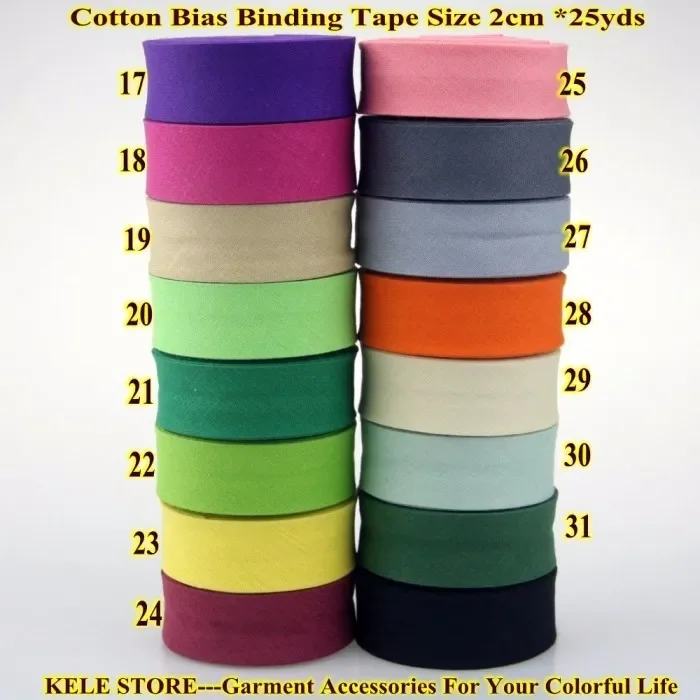 Schrägband aus 100 % Baumwolle, Größe: 20 mm, Breite: 3/4 Zoll, 12 Farben, 25 Yards Faltband, DIY-Material im Großhandel, einfarbig – Detail 1