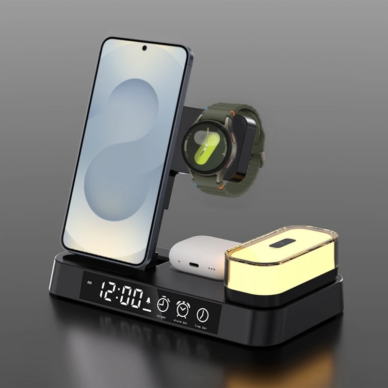 

3 in 1 Wireless Charging Station for Samsung S25 Z Flip 6 Galaxy Watch 6/5 Pro/4 Phones with Alarm Clock Night Light Galaxy Buds