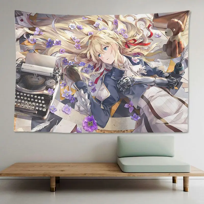 VIKAMA Violet Evergarden Anime Tapestry Kawaii Aesthetic Wall Hanging Art for Teen Bedroom Dorm College Otaku Living Room Decor