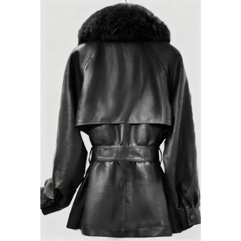 Cotton PU Leather Women's Lace-up Waist Leather Jacket Autumn Winter Large-sized Thick Coat Noble Lady's Fur Collar Detachable