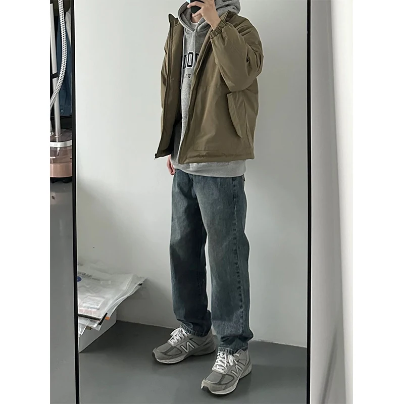 

Retro American Vibe Men's Blue Fce Lined Straight Leg Jeans Tall Slimming High Waist Straight Tube Micro Flared Pants