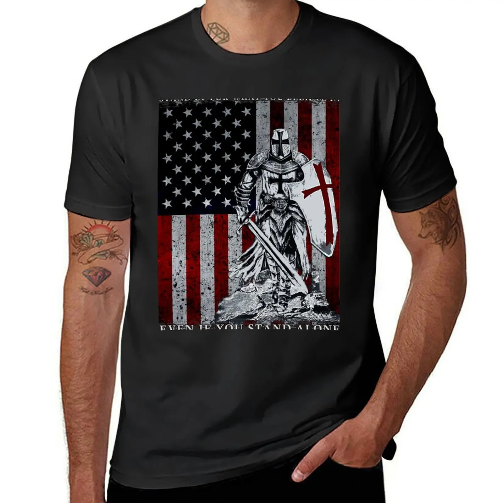 Crusader - Knight Templar American Flag Patriotic USA T-Shirt summer clothes fruit of the loom mens t shirts