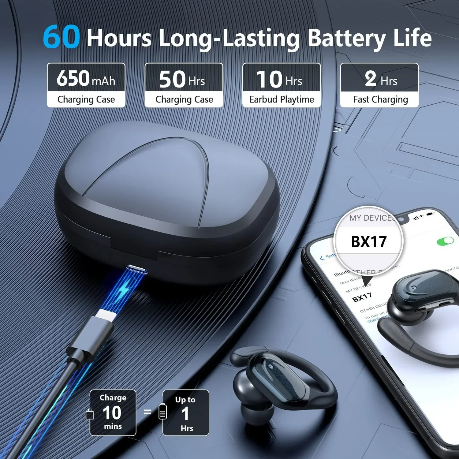 TWS Bluetooth 5.4 귀고리 이어폰 스포츠 헤드셋 Led 헤드폰 무선 이어 버드 소음 감소 마이크 60H HiFi 음악 시간