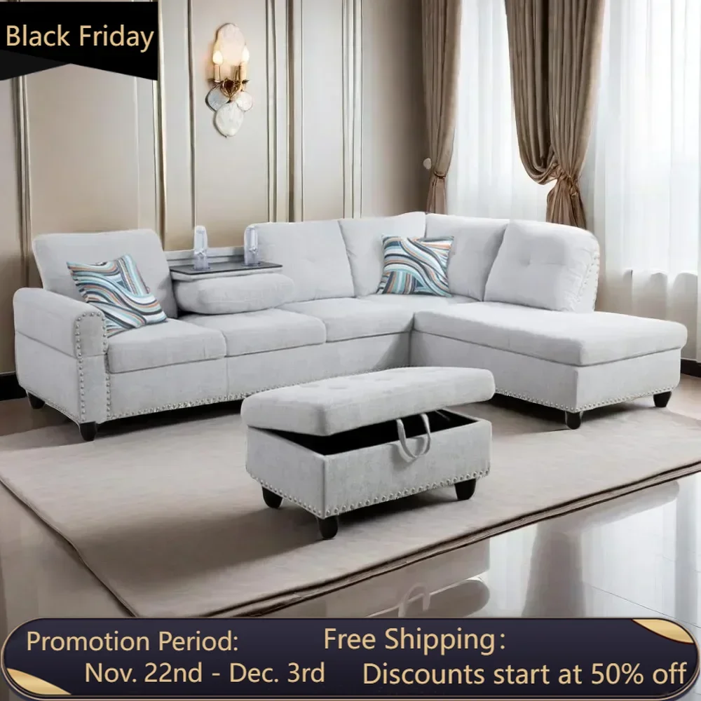 L Shaped Sectional Couch with Storage Ottoman, Modern Nailhead Lounge Sofa with Reversible Cup Holder & Chaise, 97