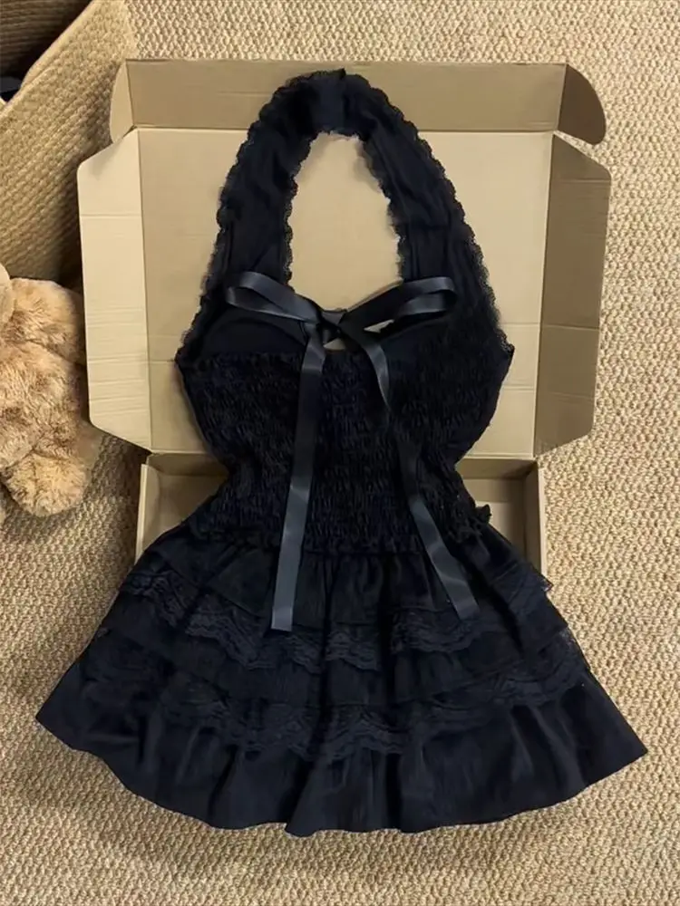 Goth Lace Halter Womens Dresses Bow Slim Y2k 2-piece set Punk Vintage Backless Sexy Hot Girl 2000s Aesthetic Harajuku Grunge Emo