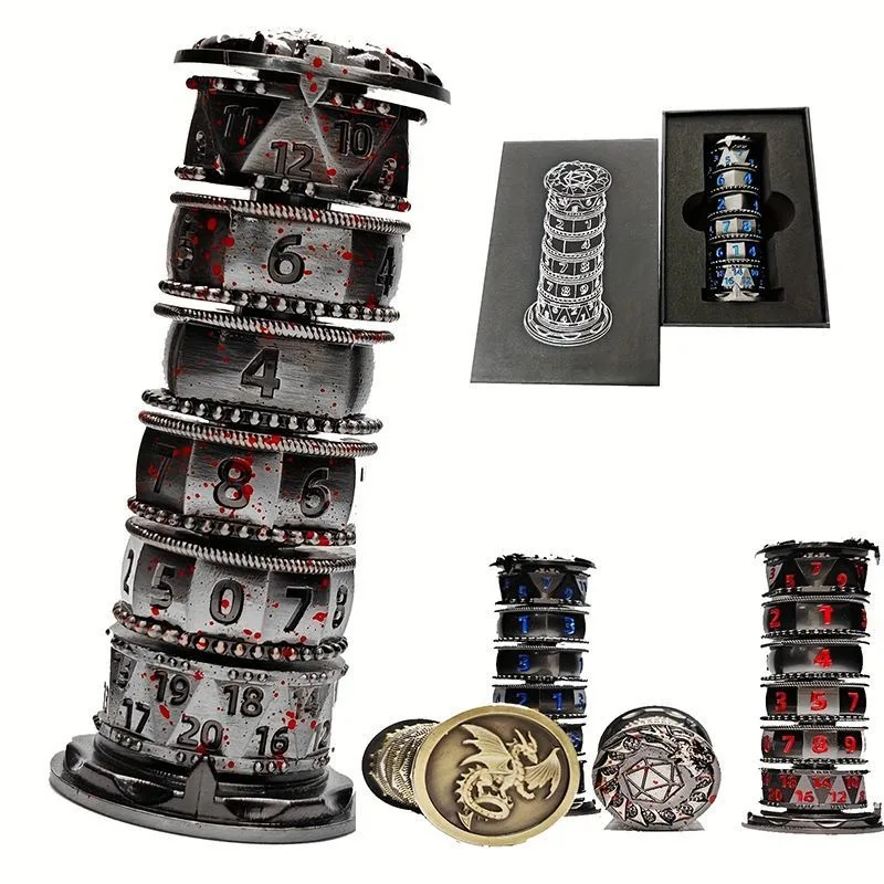 7 in 1 Rotating Tower Metal Dice Set Multi Sided Dice for DND COC Tabletop Role Playing Game Collection Gift