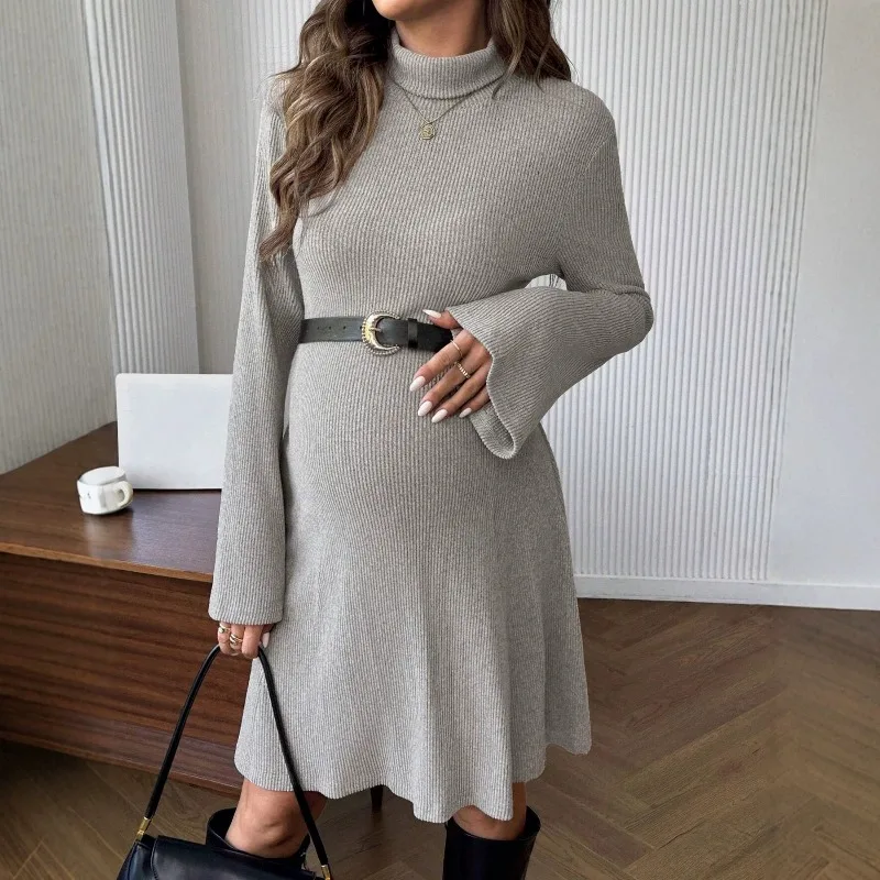 Autumn Winter Pregnant Women's Dress Solid Color Half-high Neck Flared Sleeve Ribbed Knit Slim Fit Sexy Maternity Clothes