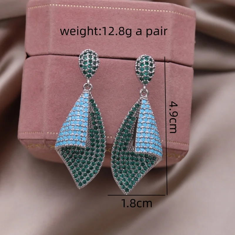 Korean new design fashion jewelry 14K gold plated blue green zircon geometric earrings elegant women's party accessories