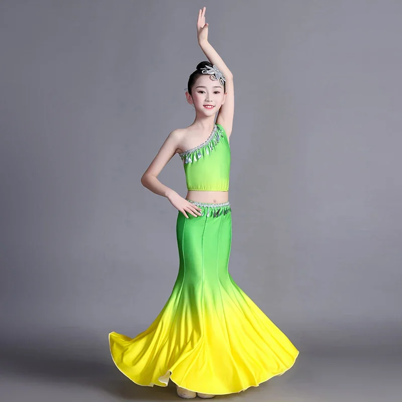 Child Minority Peacock Dance National Dai Dance Costumes Girls Classical Fishtail Wrap Hip Traditional Folk Peacock Dance