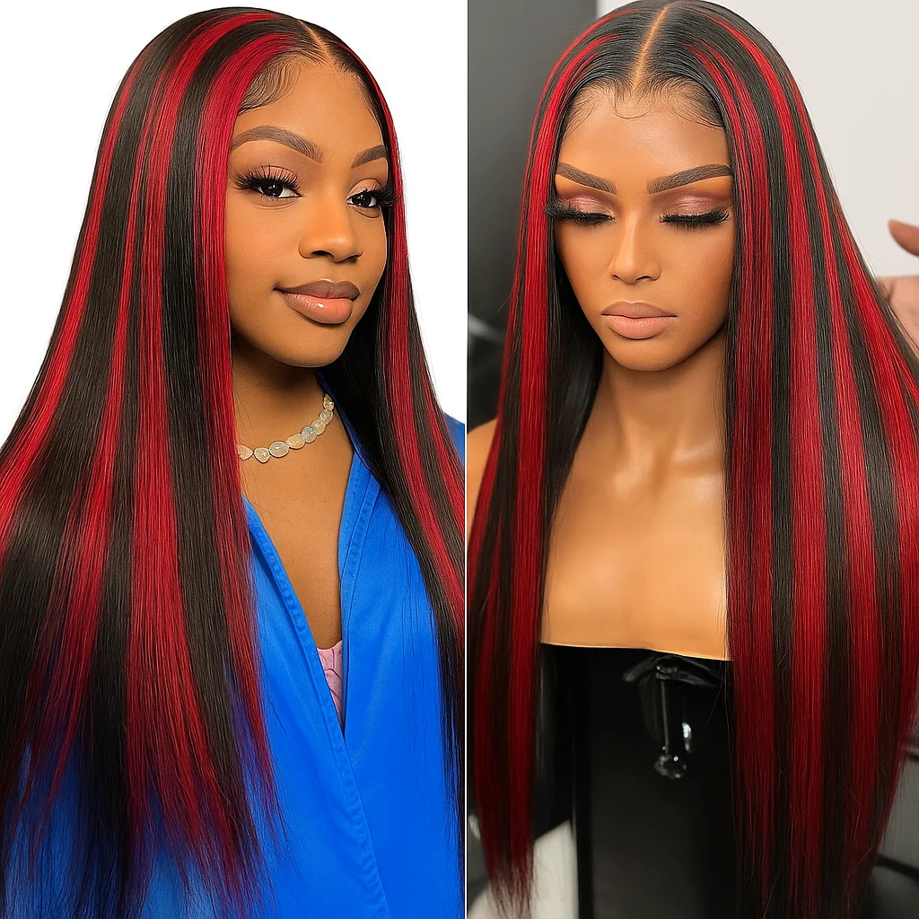

30-дюймовый бесклеевой парик 5x5 с кружевными красными, черными костями, прямые волосы, плотность 200%, 1B 99J, бразильские человеческие волосы, цветные парики для женщин