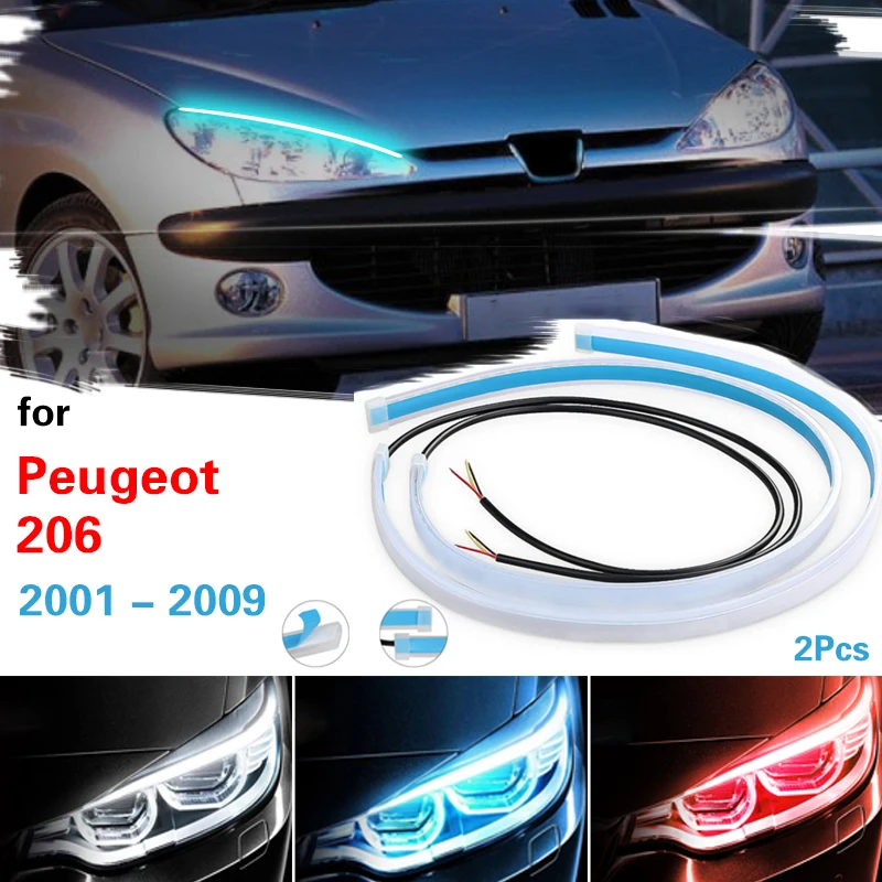 12V LED DRL Car Daytime Running Light Waterproof Strip For Peugeot 206 2001-2009 Auto Headlights Turn Signal Brake Flow Lights