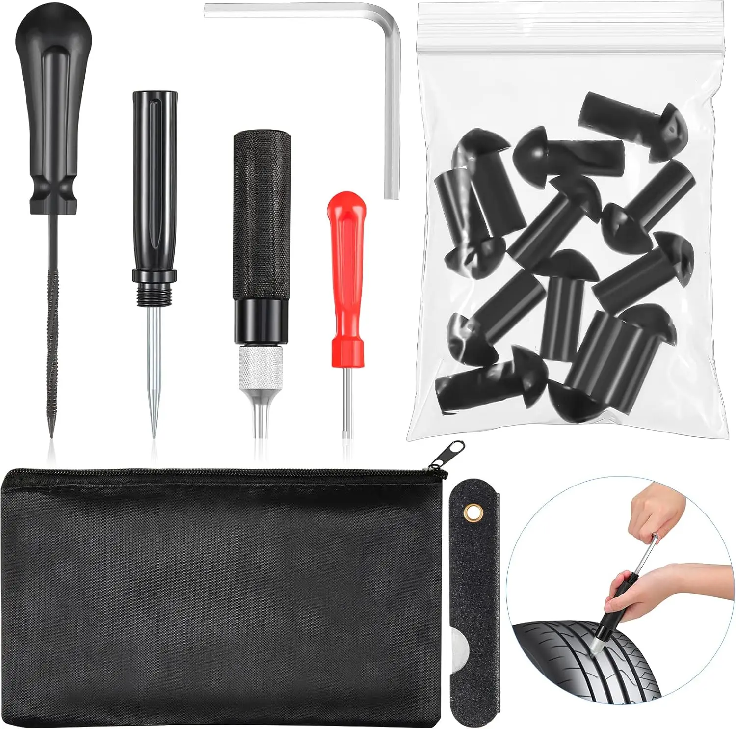 

Комплект из 7 комплектов для ремонта шин с 12 грибовидными пробками, сверхмощный комплект для мотоциклов, автомобилей, грузовиков, бескамерных инструментов — включает в себя инструменты и чехол