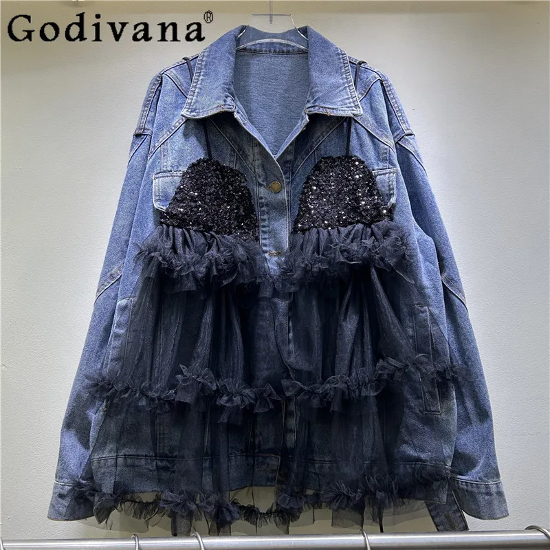 

European Girl Spring Autumn New Splicing Lace Gauze Denim Jacket Personalized Turn-down Collar Loose Blue Long Sleeve Blue Top