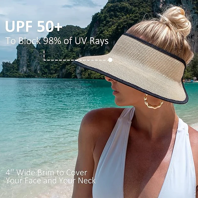 A women's summer ponytail foldable straw beach hat elegant and versatile suitable for travel beach walks daily use UPF 50+