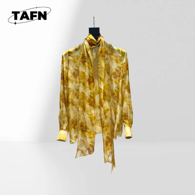 

Женская льняная рубашка, стильная туника, повседневная свободная блузка, женская блузка с цветочным принтом, шифоновая повседневная рубашка с длинным рукавом AJ2306