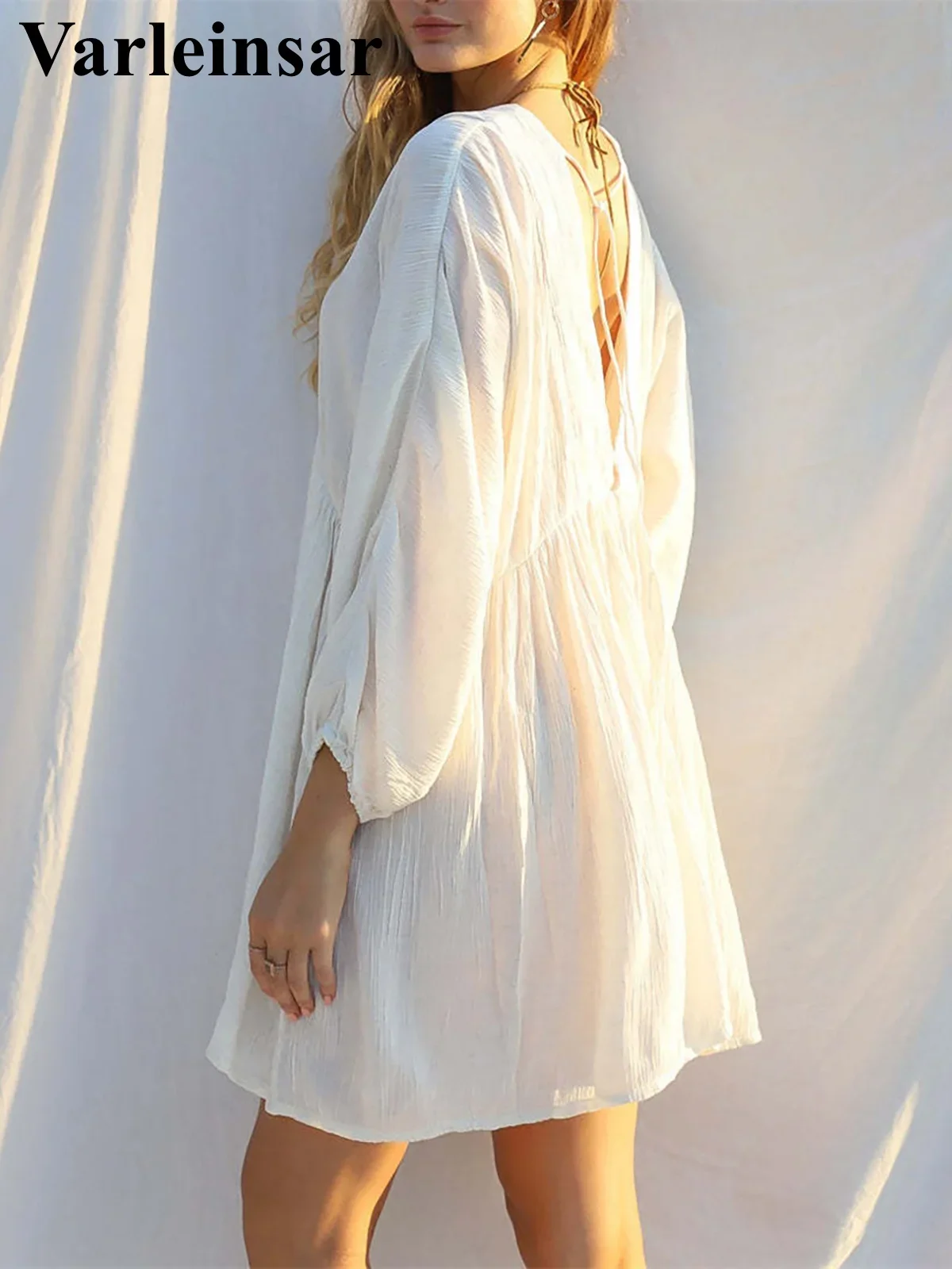 ใหม่เซ็กซี่แขนยาว V คอผ้าฝ้าย Tunic Beach COVER UP COVER-UPS ชุดชายหาดชายหาด Beachwear หญิงผู้หญิง v5032