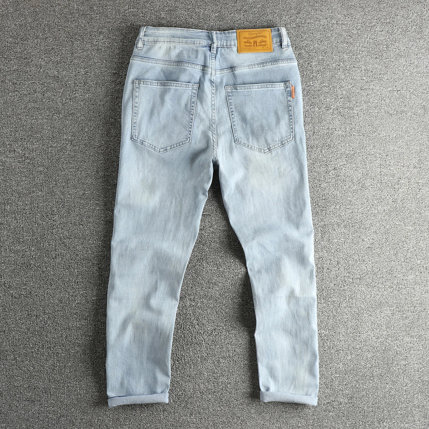 Retro wash faded light blue jeans men's slim feet American trendy versatile youth nine-point pants