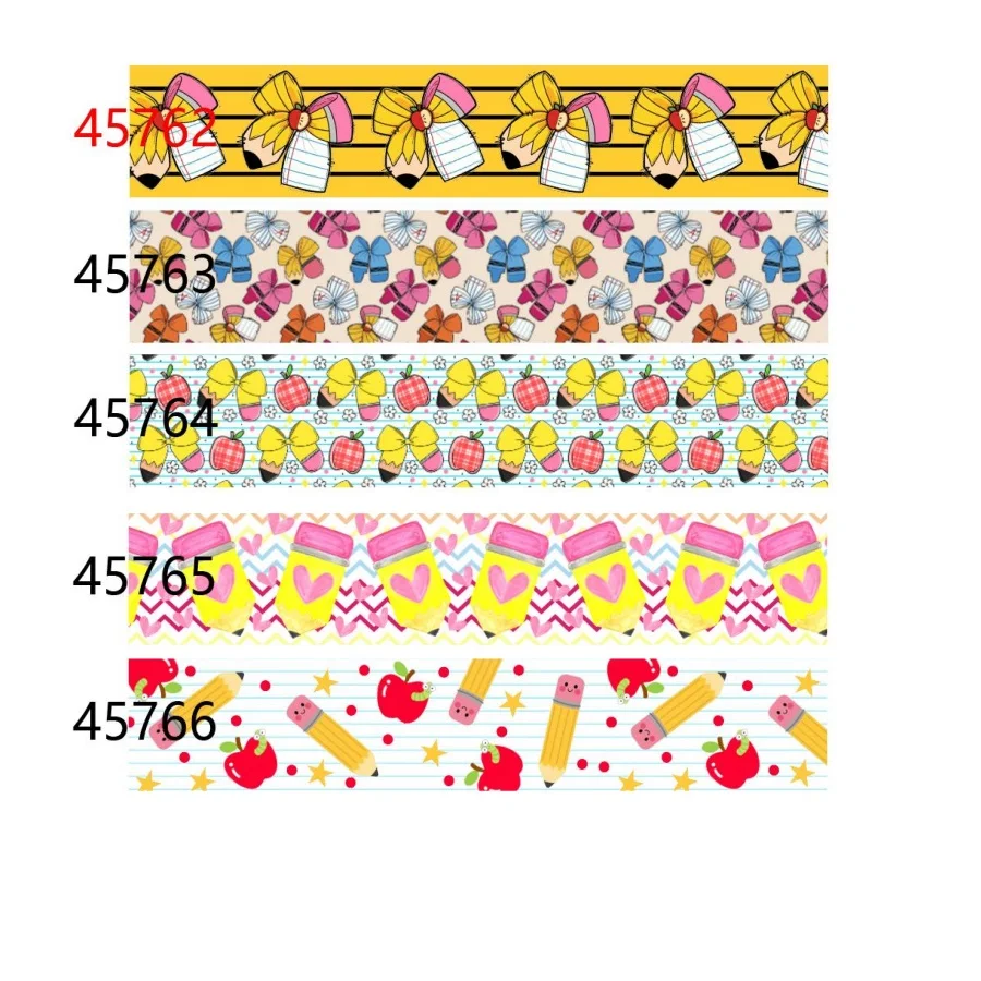 (50yards) Back To School Cartoon Printed Grosgrain Ribbon Pencil Apple Butterfly Pattern Kids Hair Bow Gift Wrapping Sewing Ribb