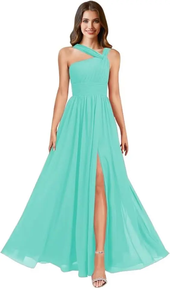 

Single Shoulder Neck Bridesmaid Dress Chiffon Long A-line with Slit Ball Dress， Women's Elegant Formal Evening Dress Party Dress