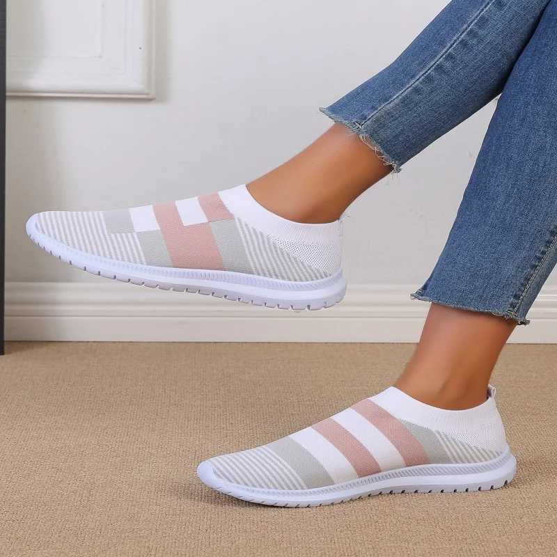 Fashion Striped Knitted Sneaker Shoes for Women Comfort Soft Slip-On Flats Woman Mix Color Non-Slip Sports Shoes Zapato Mujer