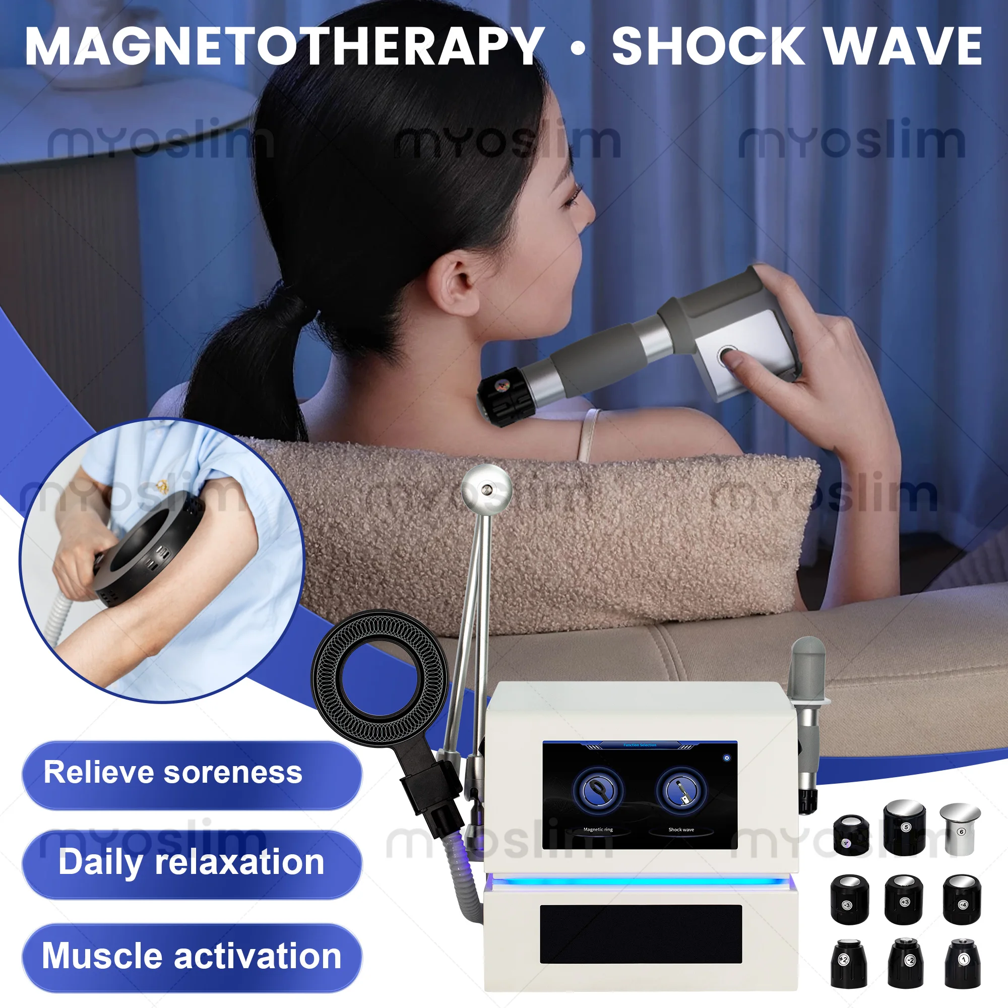 

MYOslim New Upgrade Magnetic Therapy Device + Shockwave Combo 9 Massage Heads Home Use Pain Relief Muscle Relaxation Physiothera
