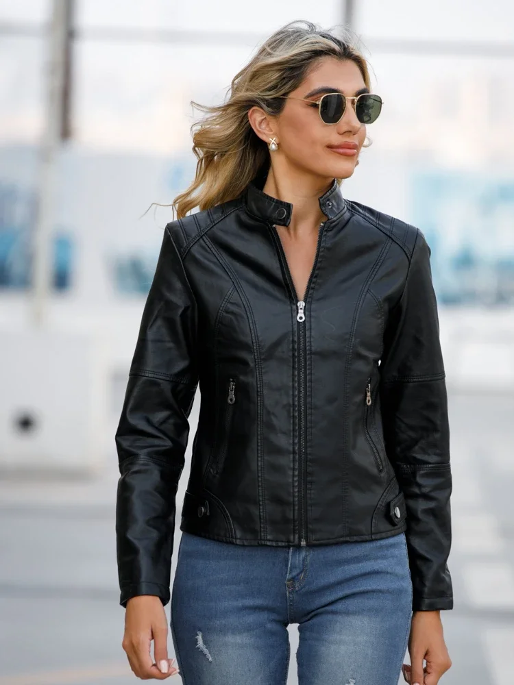 Chaqueta de motocicleta chaqueta de cuero Pu Traf Slim Fit abrigo sólido moda cremallera cuello alto mujeres nuevo en prendas de vestir exteriores Otoño Invierno