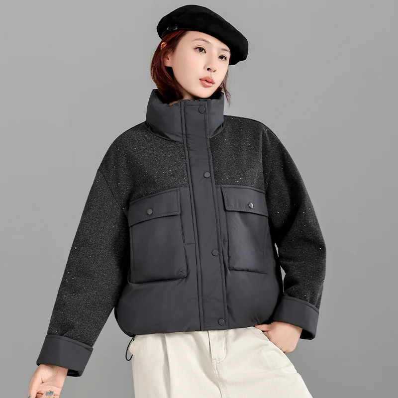 أنيقة الترتر الوقوف طوق سترات قصيرة المرأة شعبية المرقعة جيب كبير الشتاء سترة رشاقته الدافئة سستة معطف مبطّن بالقطن