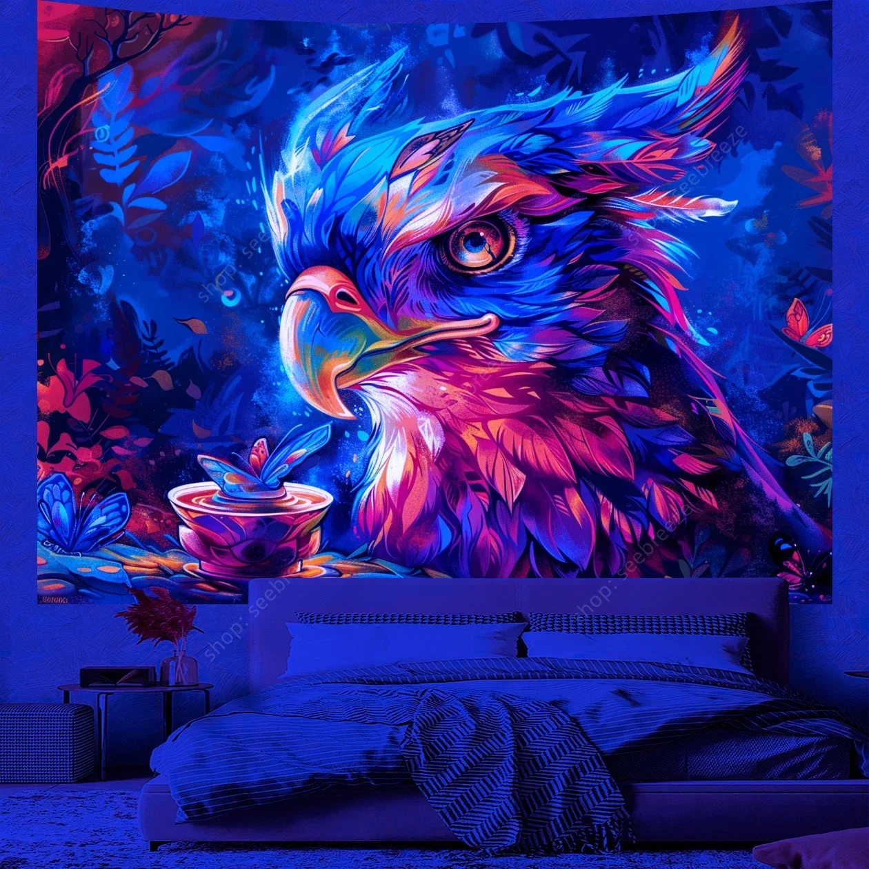 Arazzo animale Aquila psichedelica Arazzo reattivo UV Appeso a parete Hippie Room Decor Tenda Panno Telo mare Regalo per un amico