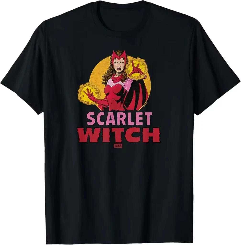Camiseta con estampado de cómic de Marvel Scarlet Witch, diseño de manga corta de algodón puro negro, esencial para los fanáticos del cosplay