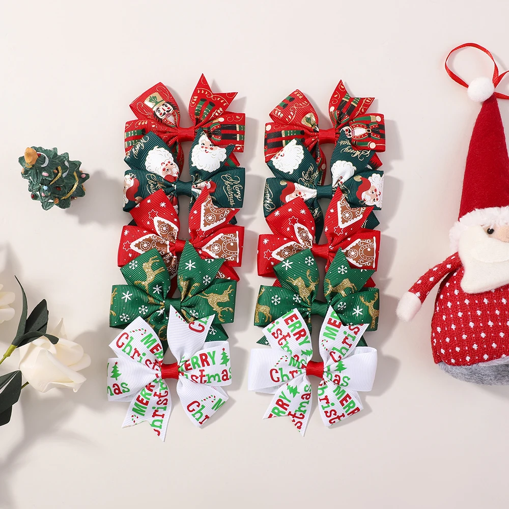 10 Teile/satz Weihnachten Haar Bögen Clips für Baby Mädchen Festliche Grosgrain-Band Santa Schneeflocke Windrad Haarnadeln Haar Zubehör