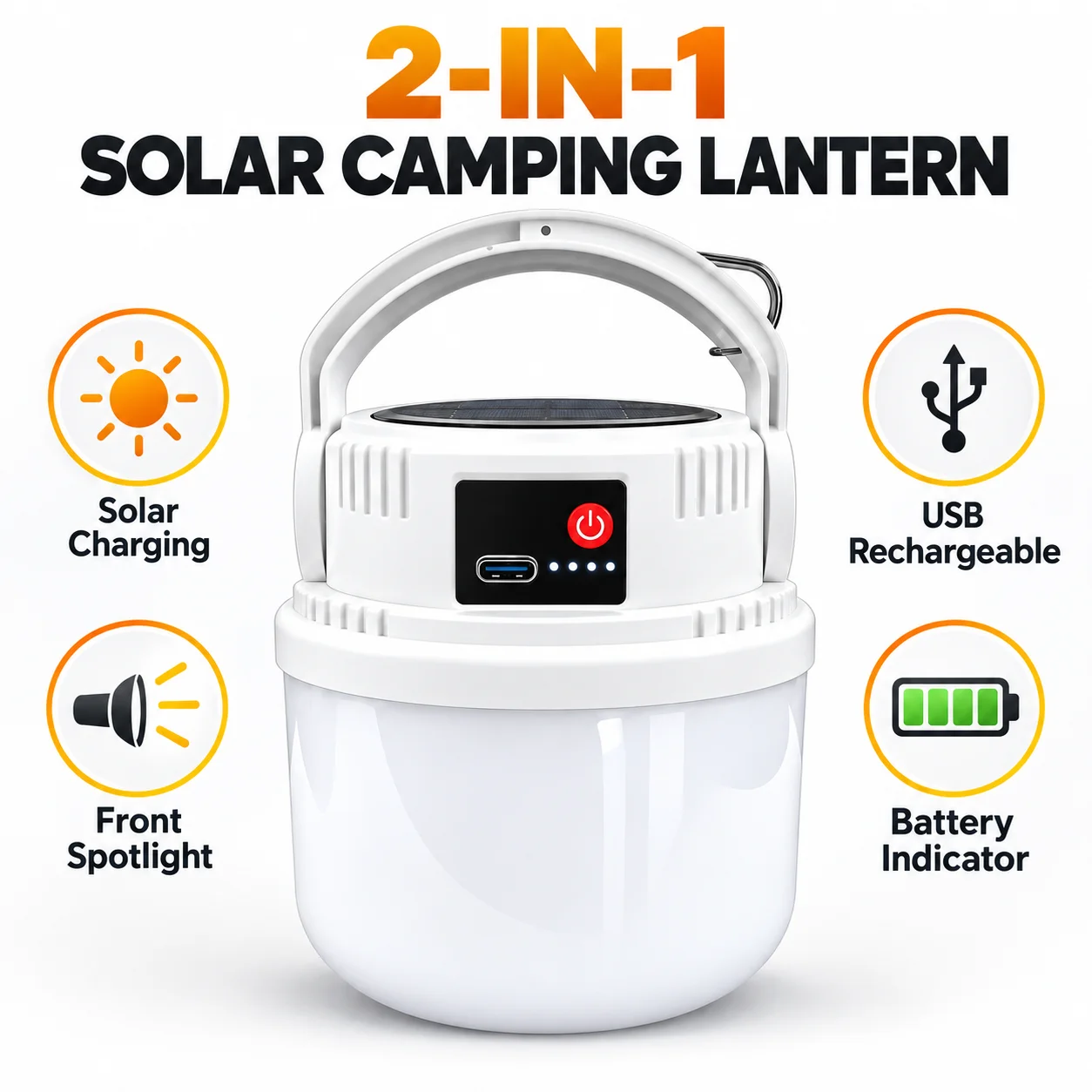 Solar Camping Lantern USB Rechargeable LED Tent Light with Front Flashlight Battery Indicator Hanging Hook Portable Lamp Hiking