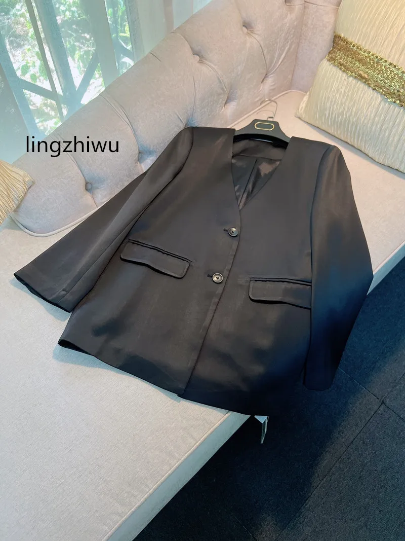 

lingzhiwu Black Casual Blazer French Vintage British Elegant Top Quality Acetate Satin Ladies Loose Top New Arrive