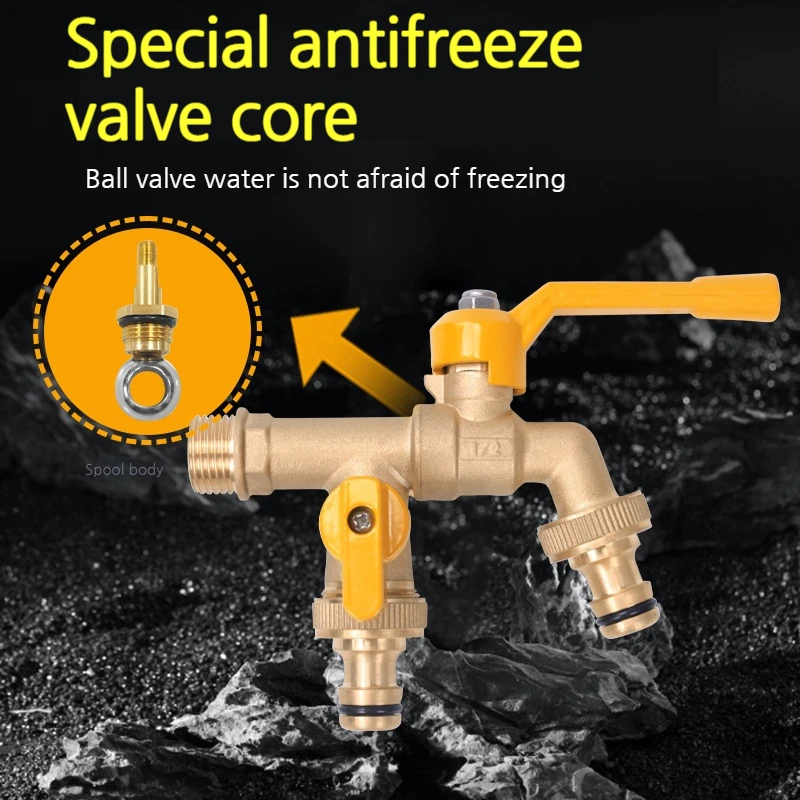 Torneira de água de jardim ao ar livre de latão TMOK 1 entrada 2 saída cor de latão natural anticongelante bibcock com conector de mangueira